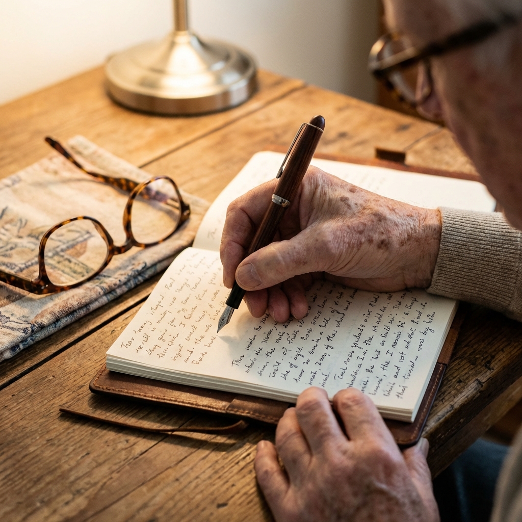 Mão de idoso escrevendo em um diário
