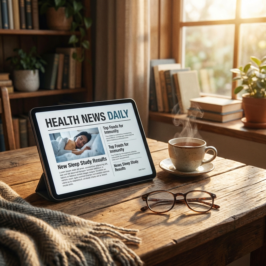 Tablet sobre mesa exibindo notícias de saúde