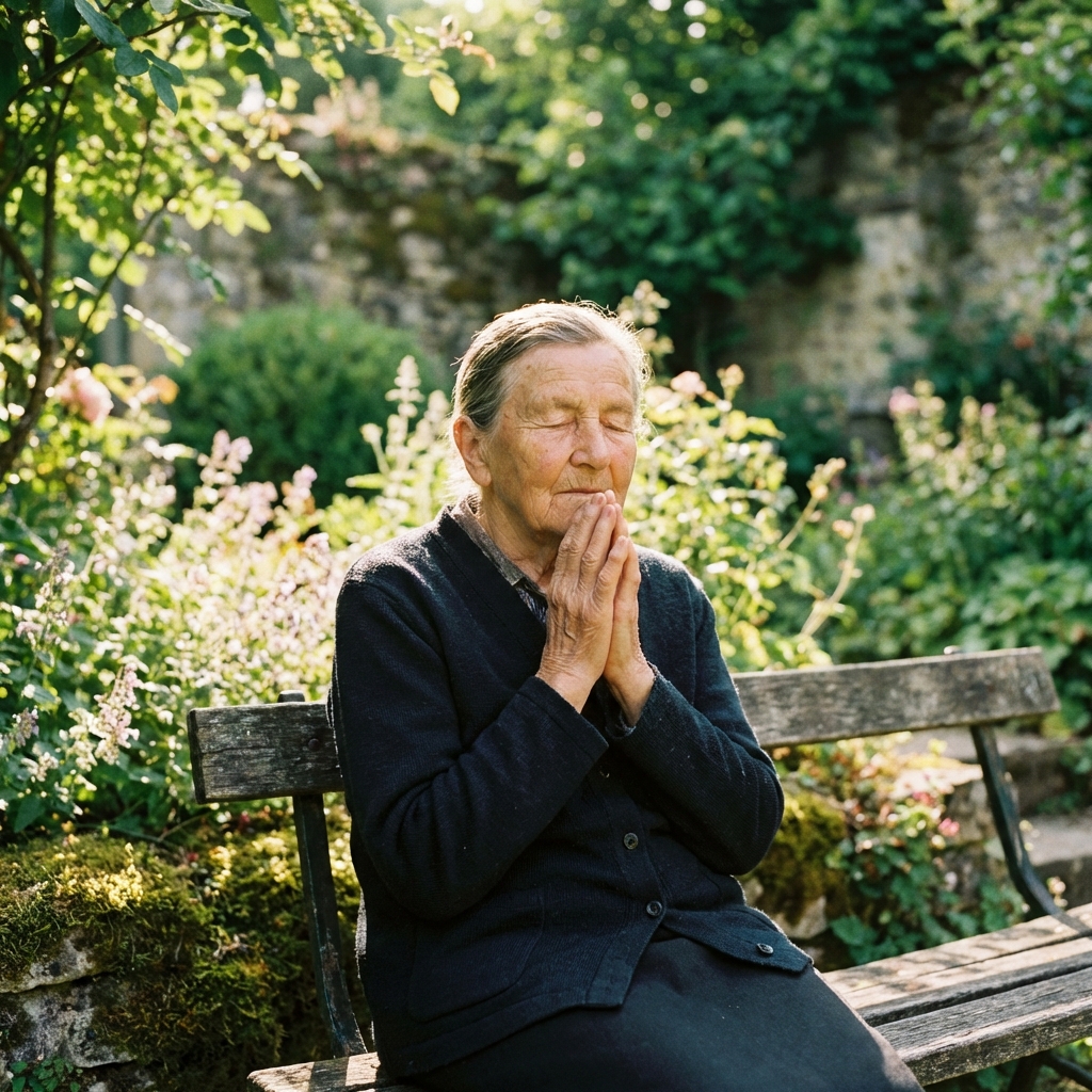 Idosa meditando em um jardim