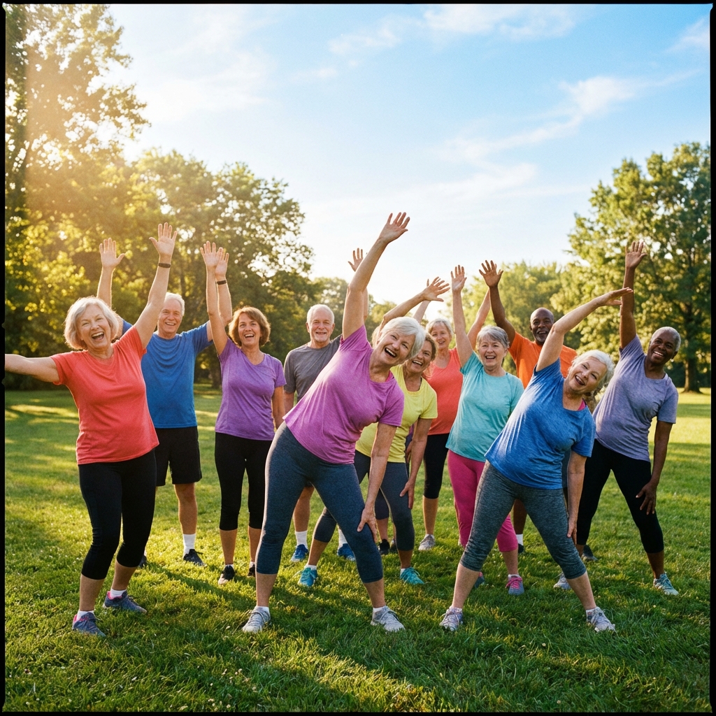 Grupo de idosos se exercitando ao ar livre