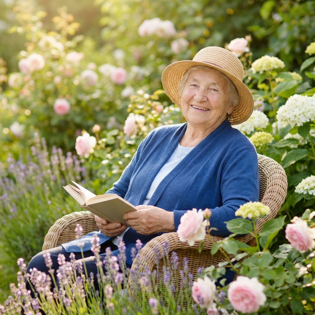 Idoso lendo livro em um jardim ensolarado