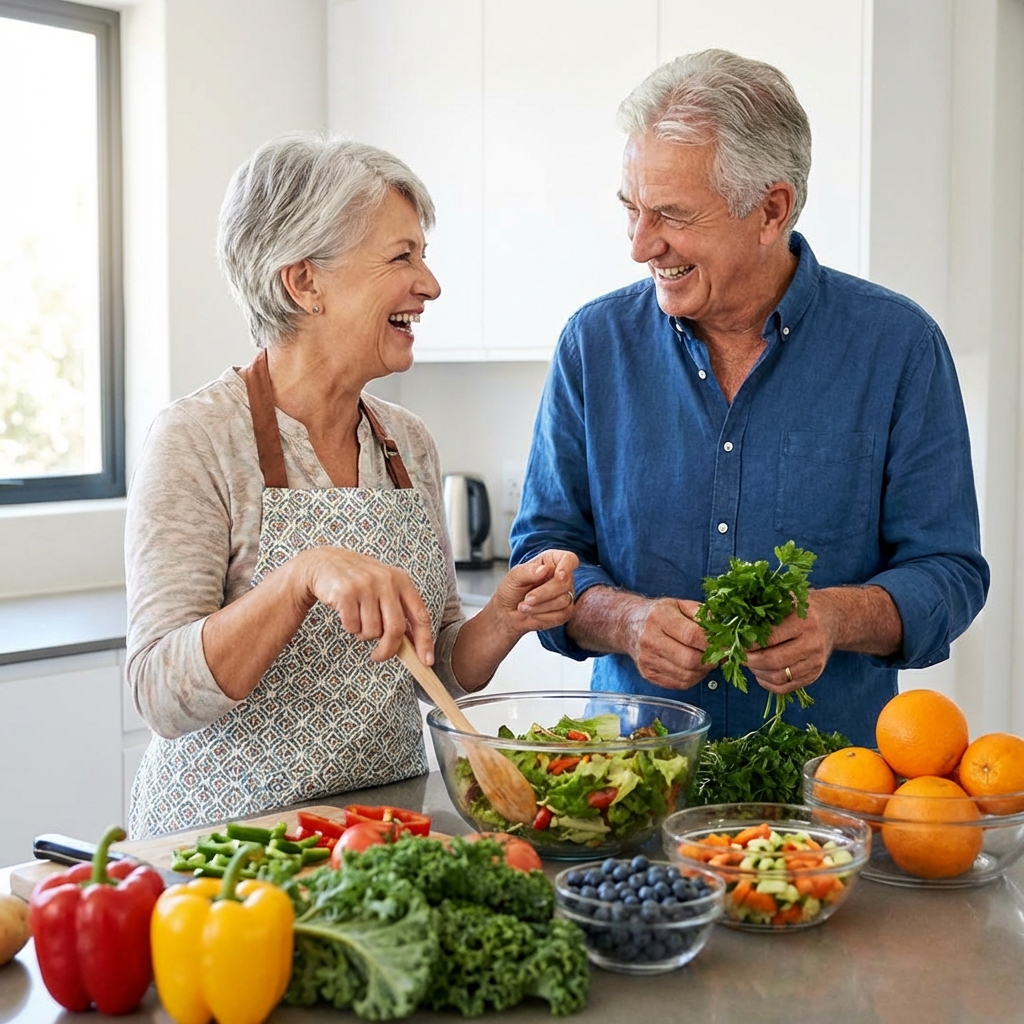 Casal idoso cozinhando vegetais frescos