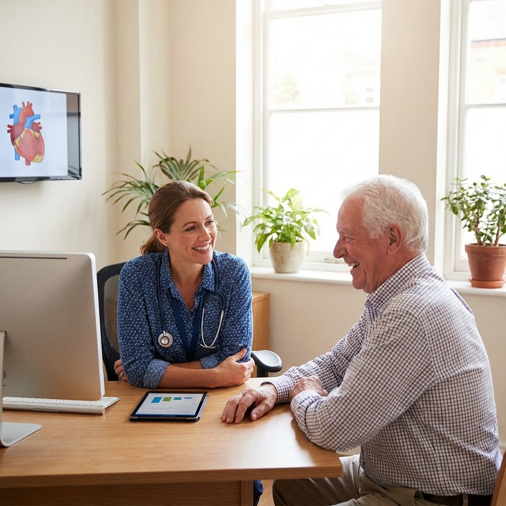 Médico conversando amigavelmente com paciente idoso