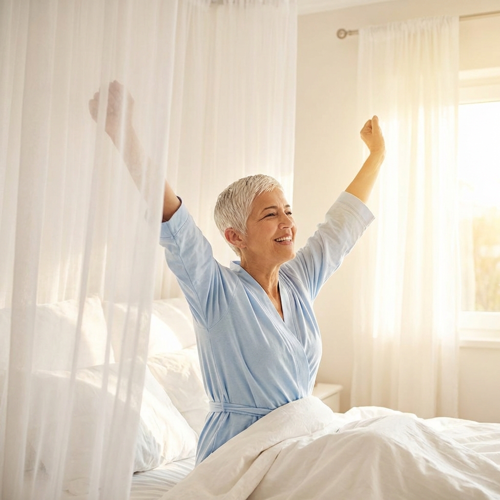 Idosa acordando revigorada com luz natural